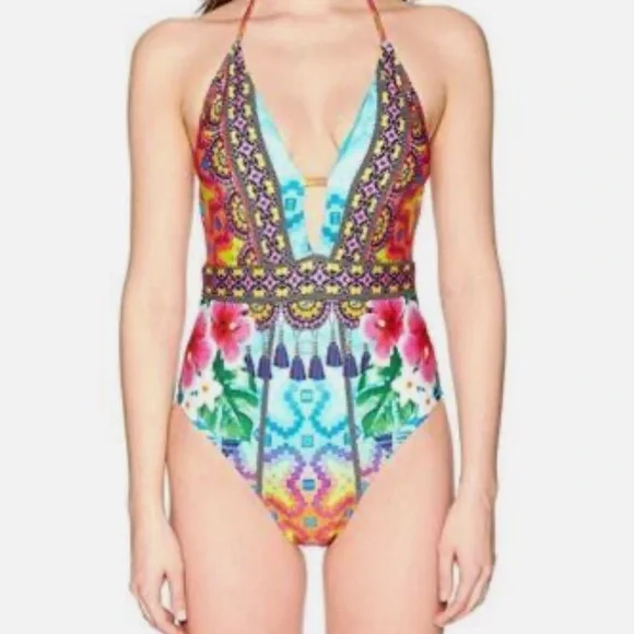 2/$50 Nanette Lepore Multi Color Keyhole Plunging Neckline One Piece Swimsuit - Picture 10 of 11